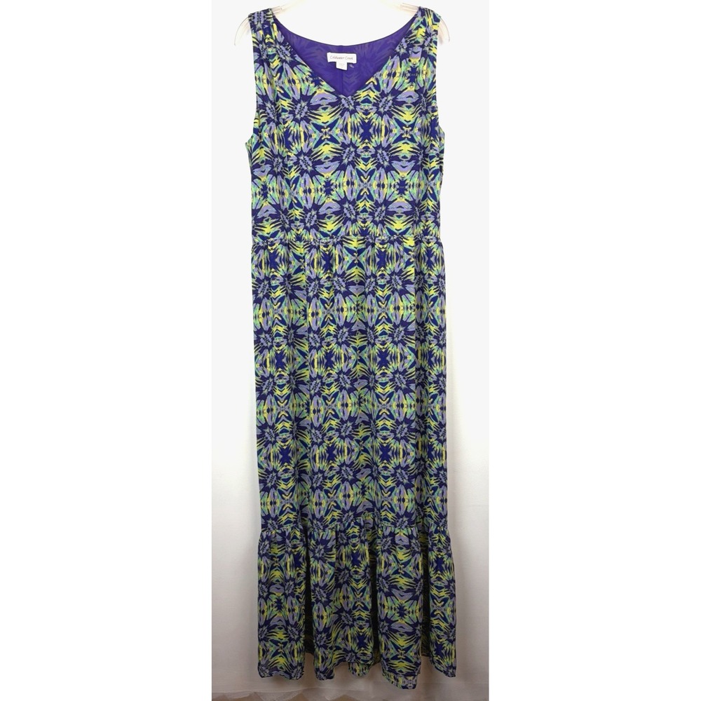 Floral Maxi Dress Womens 12 Purple Green Overlay Cottage Prairie Feminine